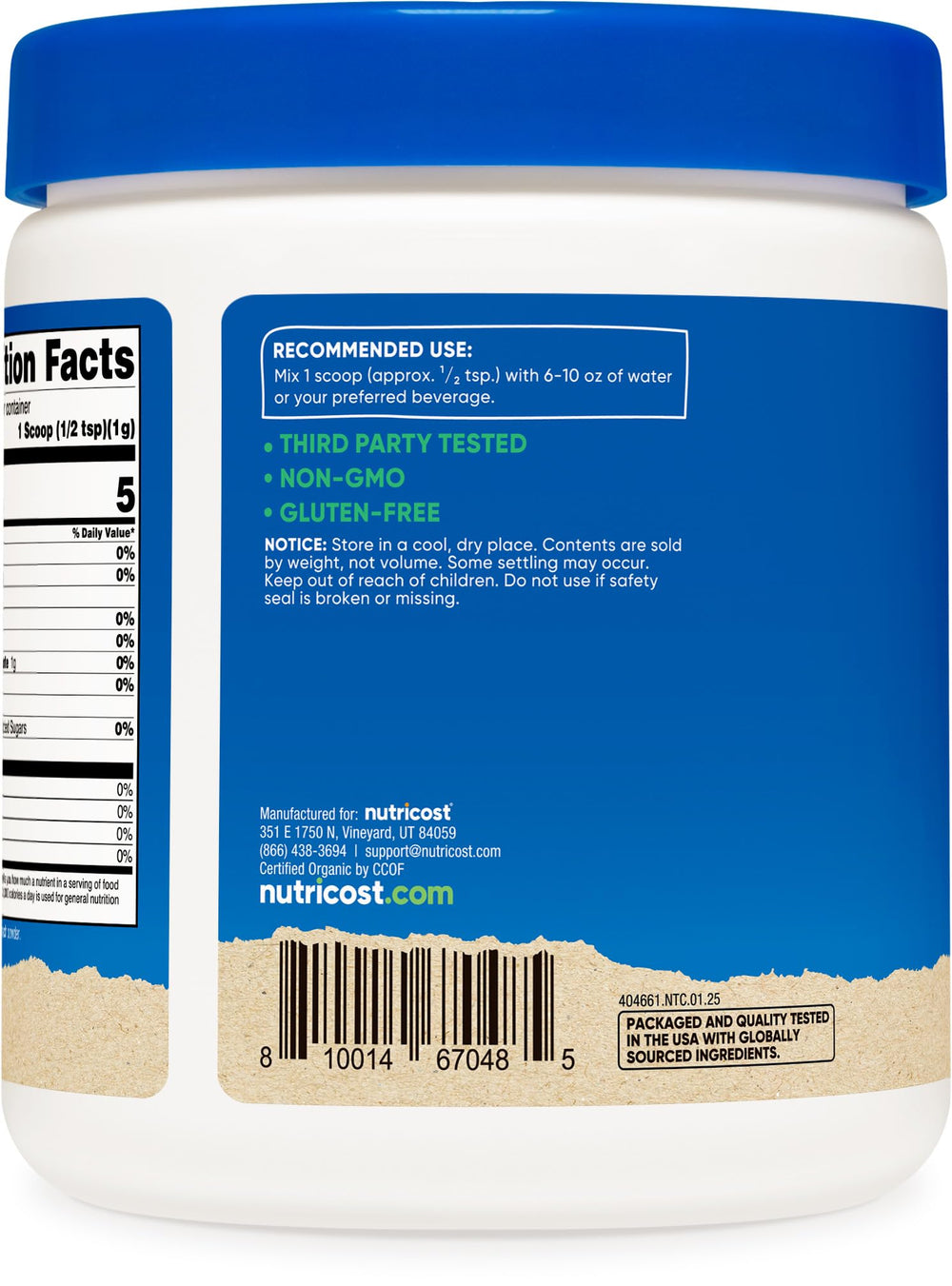 Non-GMO and gluten-free Nutricost Organic Spinach Powder label