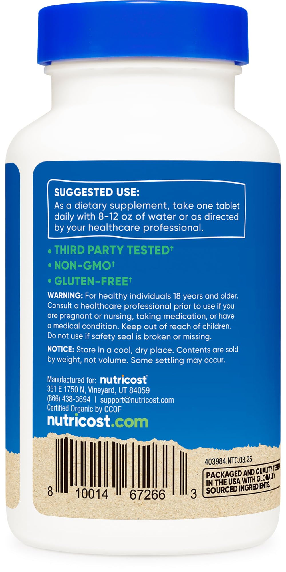 Gluten free, Non-GMO and Soy free Nutricost Spirulina packaging