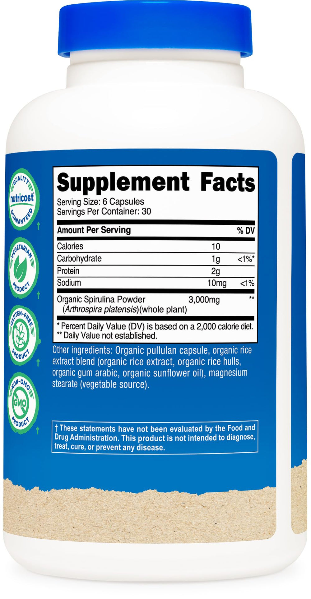 GMP compliant and FDA registered facility badge on Nutricost Spirulina packaging