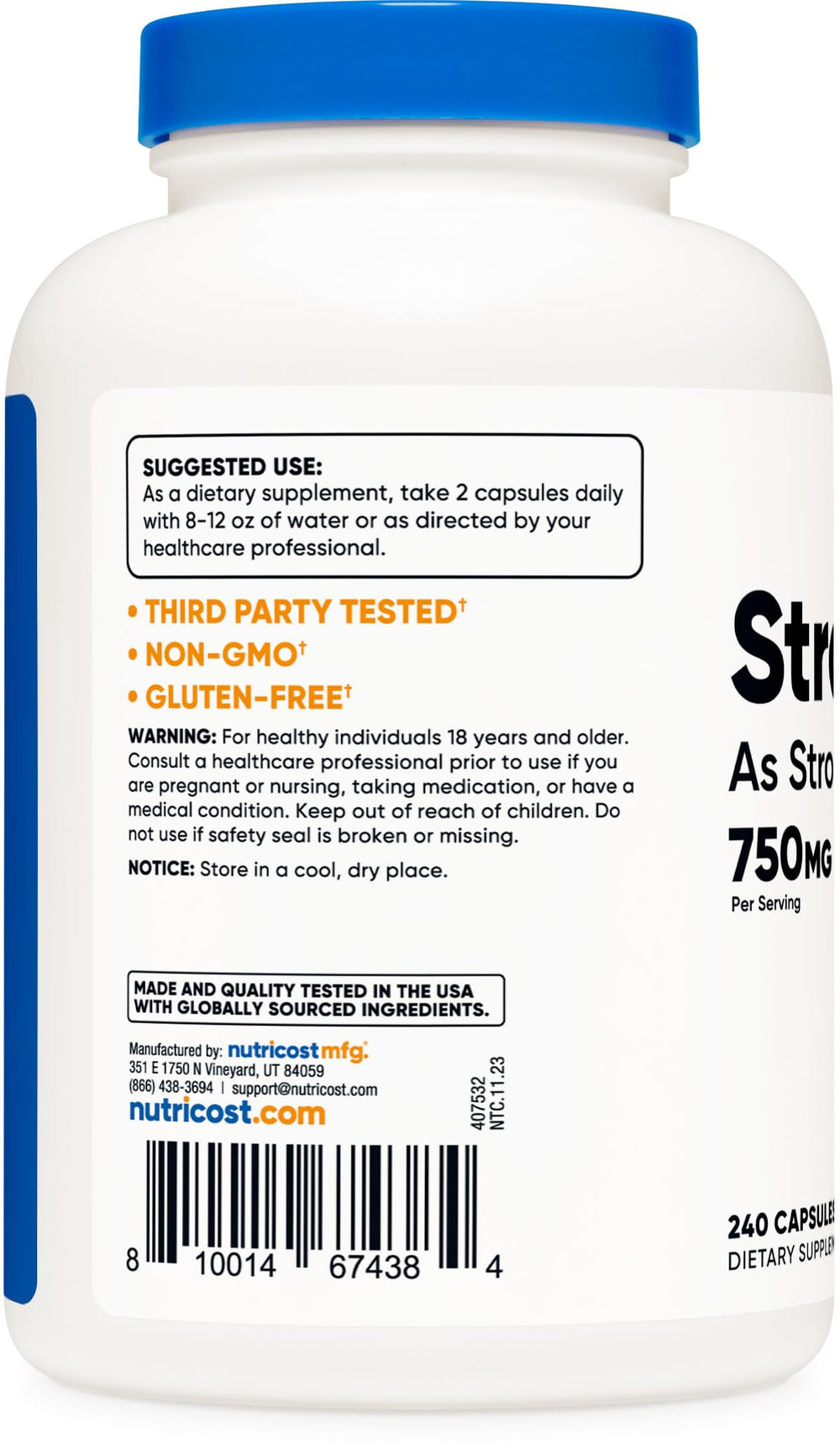 Vegetarian, gluten-free, non-GMO Nutricost Strontium Capsules packaging