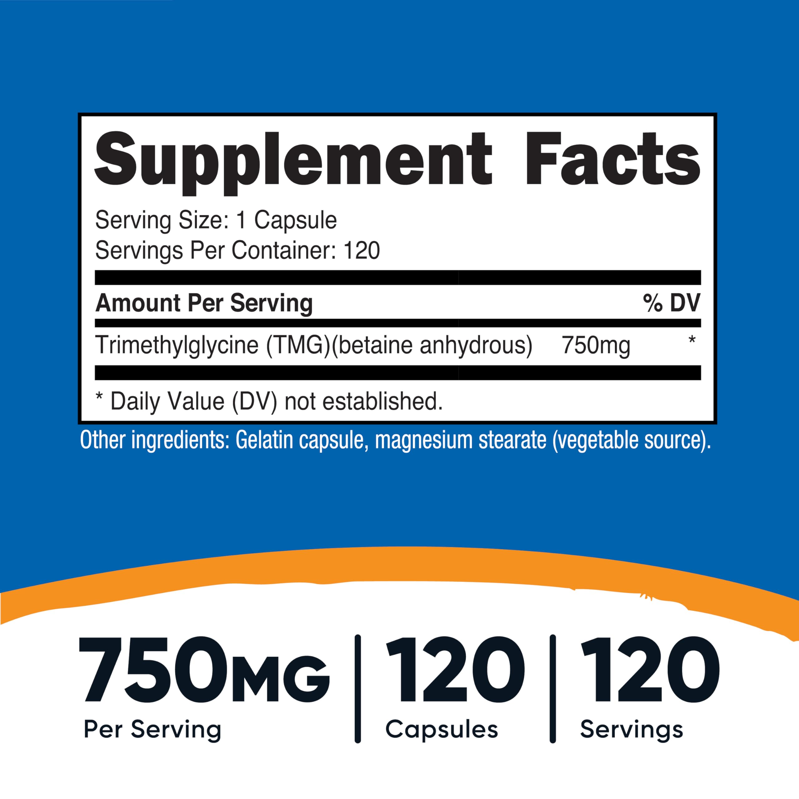 TMG capsules close-up showing 750mg dosage