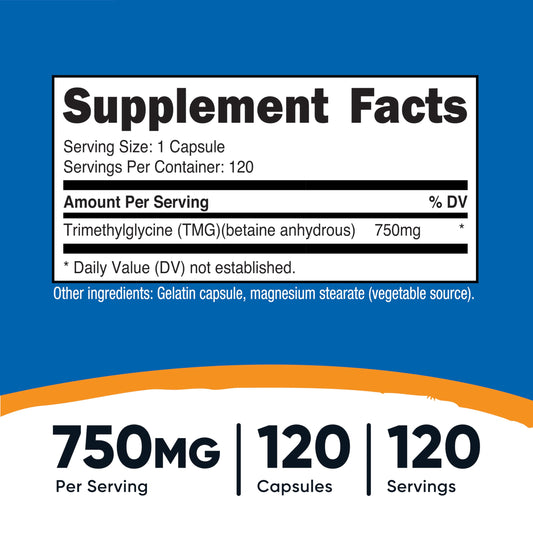 TMG capsules close-up showing 750mg dosage