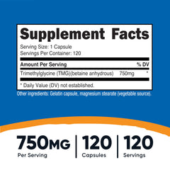 TMG capsules close-up showing 750mg dosage
