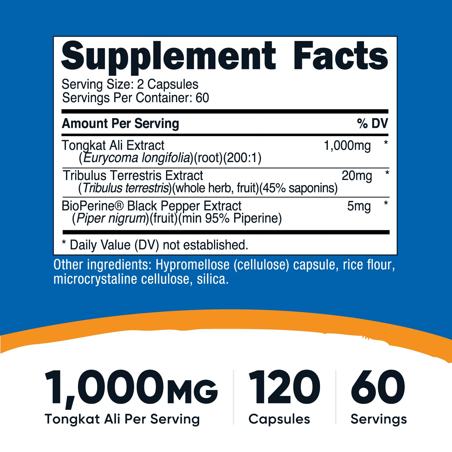 Serving size: 1000mg Tongkat Ali per serving (500mg per capsule)