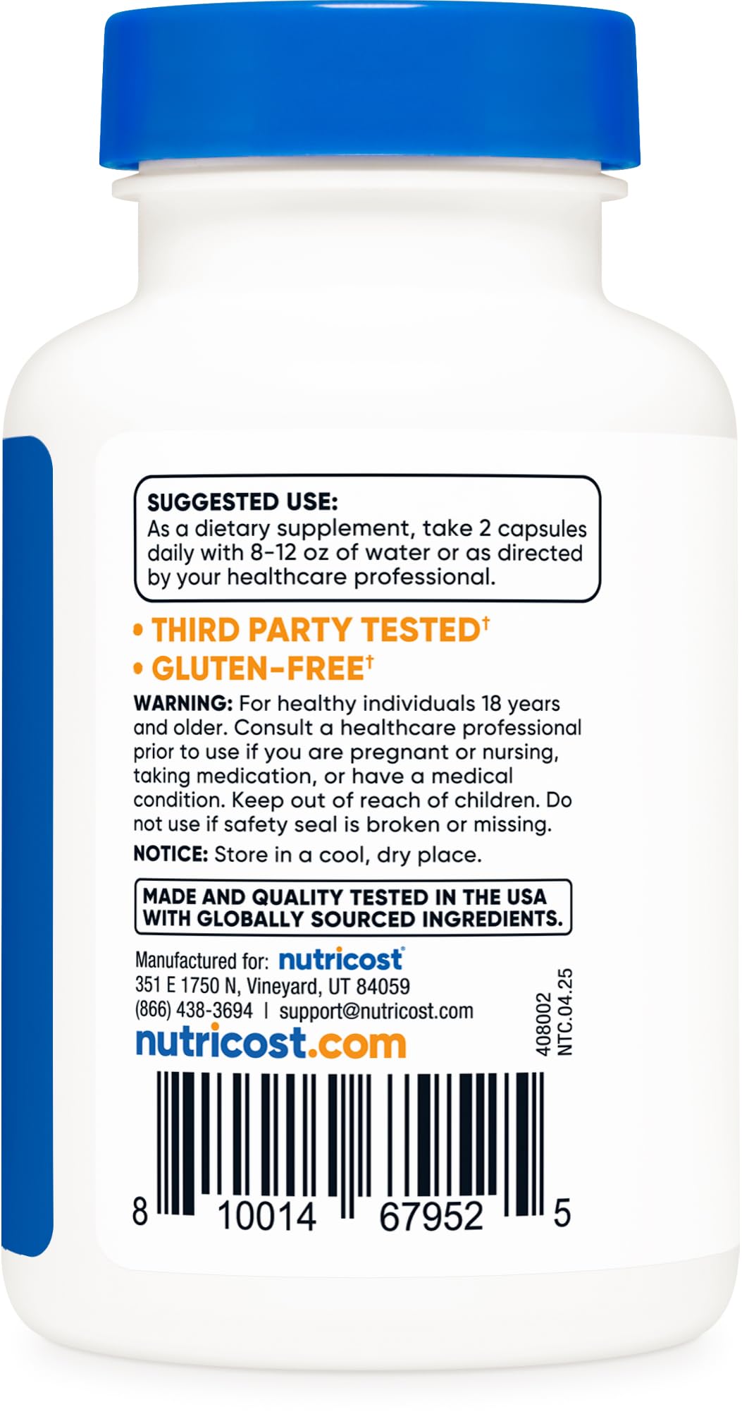 Vegan, Non-GMO, Gluten Free labeling in NSF GMP compliant facility
