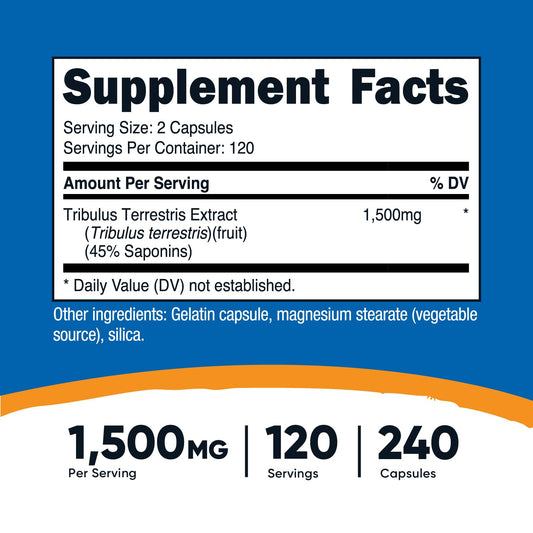 Close-up of Nutricost Tribulus Terrestris 1500mg bottle and capsules