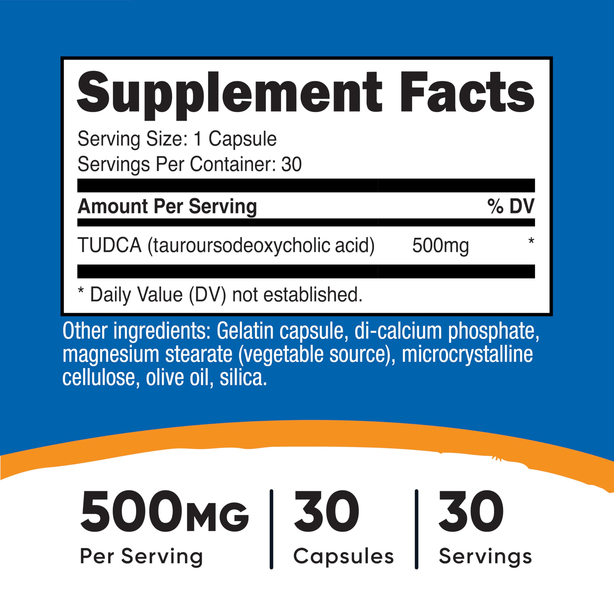 Nutricost Tudca 500mg bottle label showing 30 capsules