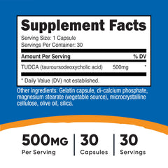 Nutricost Tudca 500mg bottle label showing 30 capsules