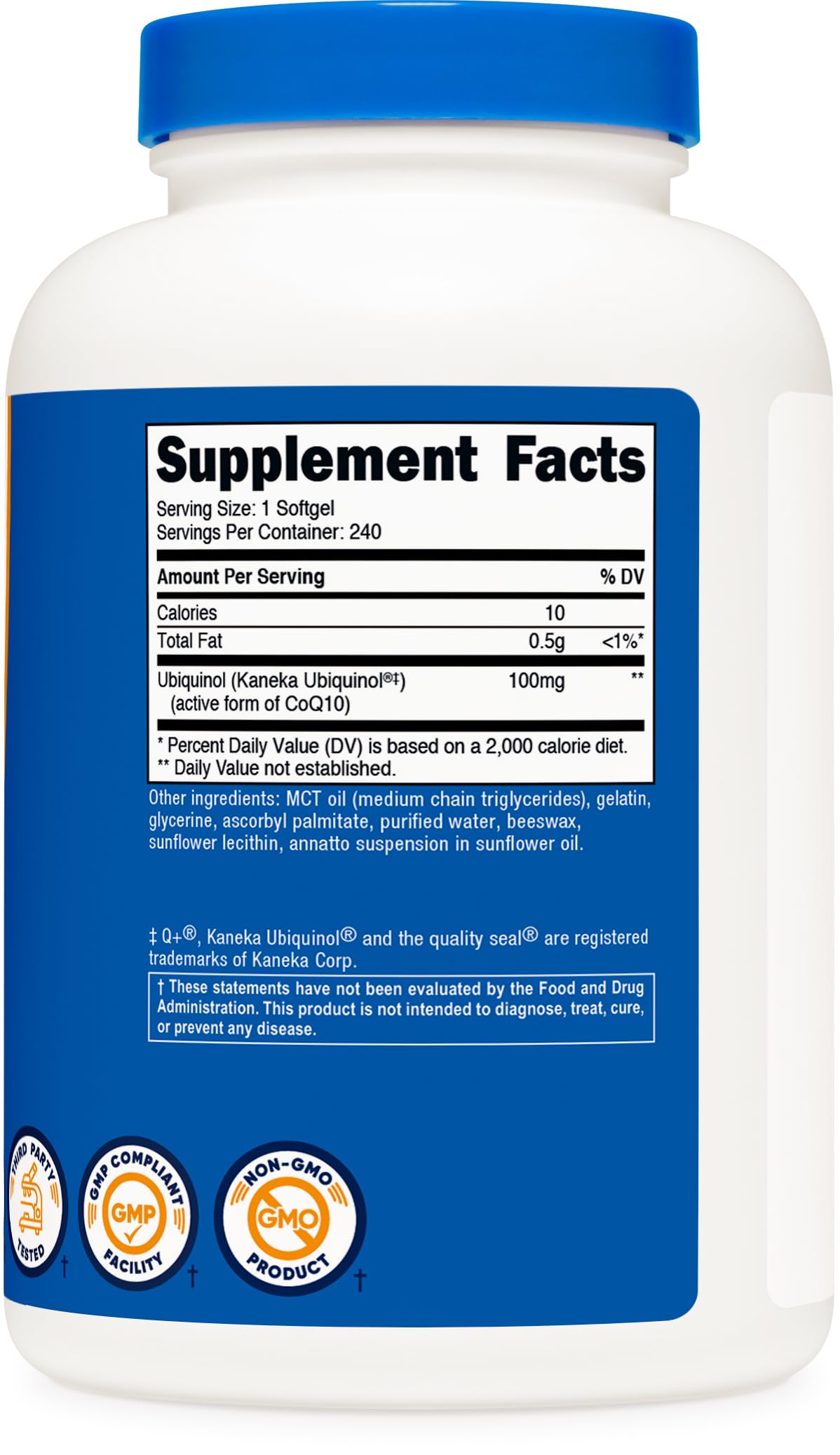 Nutricost ubiquinol bottle illustrates 240 softgels for a long-lasting supply.