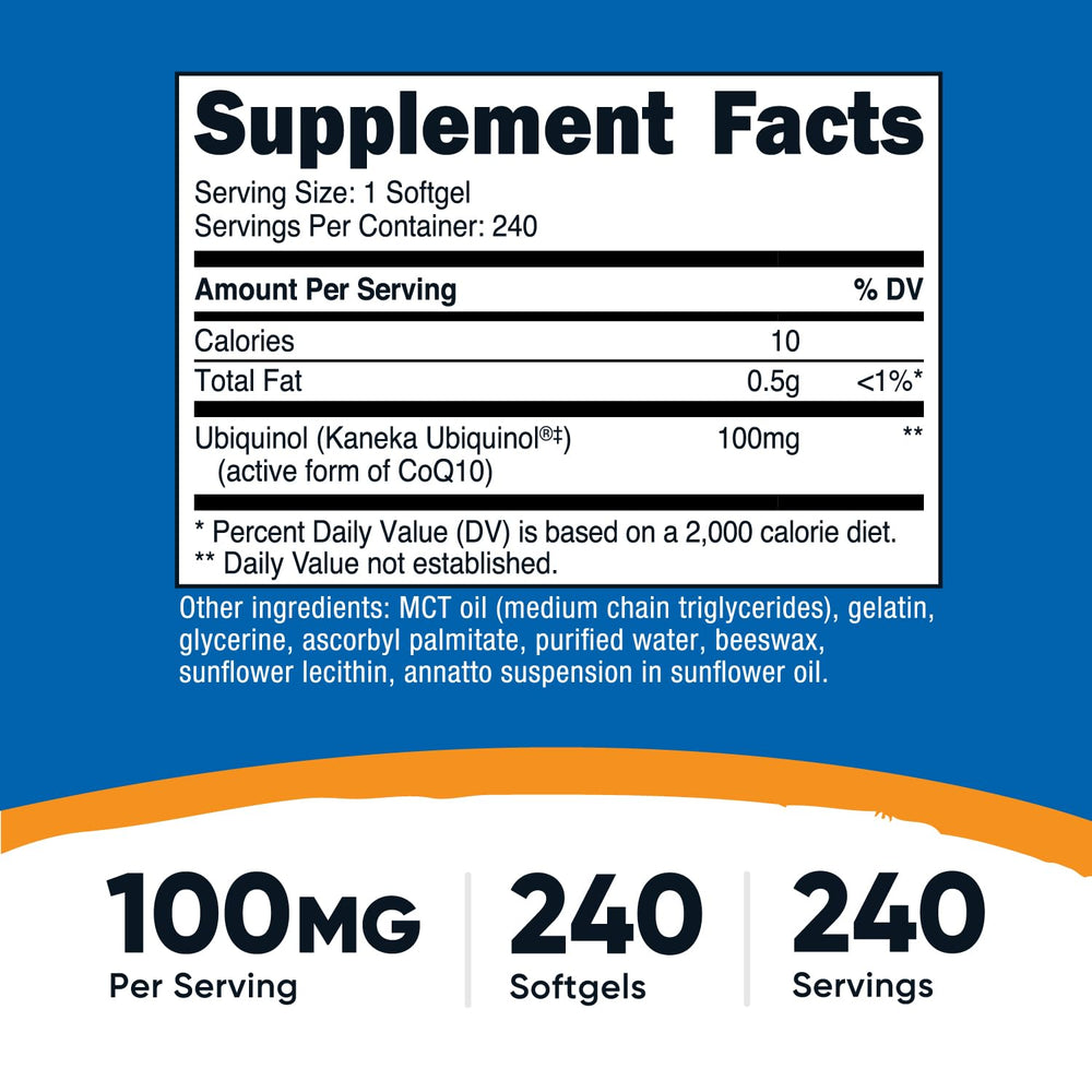 Nutricost ubiquinol softgel close-up for easy daily intake.