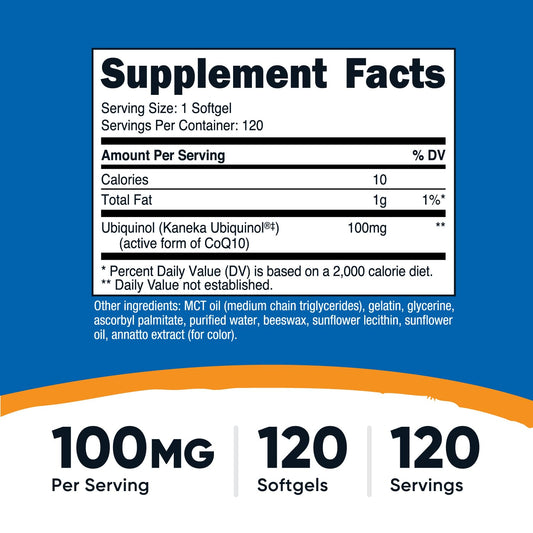 Close-up of 100 mg ubiquinol softgel capsule
