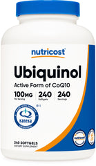 Front view of Nutricost Ubiquinol Softgels bottle with 240-count label