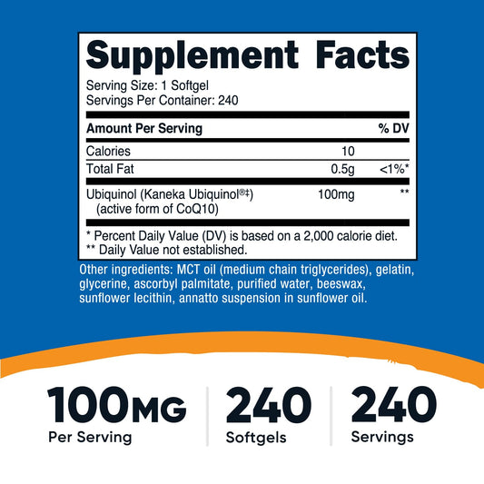 Close-up of a 100 mg ubiquinol softgel