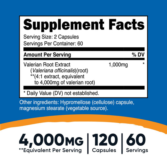 Two Nutricost valerian root bottles with label showing 120 capsules per bottle