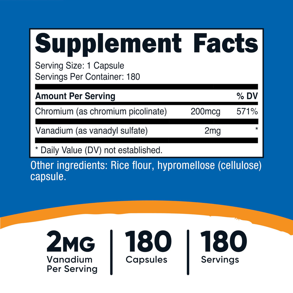 Label showing 2mg vanadium and 200mcg chromium per serving