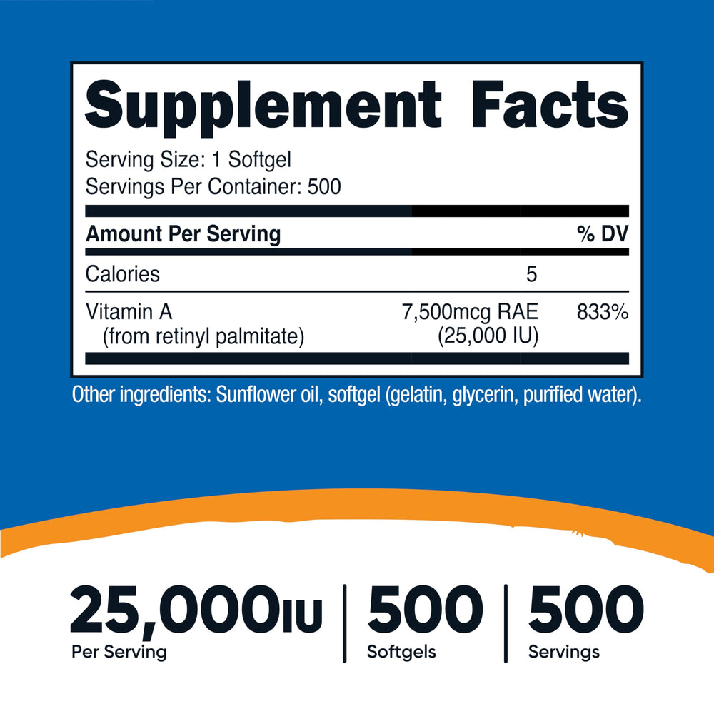 Label showing 25,000 IU per serving for Nutricost Vitamin A (Retinyl Palmitate)