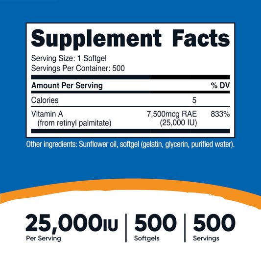 Label showing 25,000 IU per serving for Nutricost Vitamin A (Retinyl Palmitate)