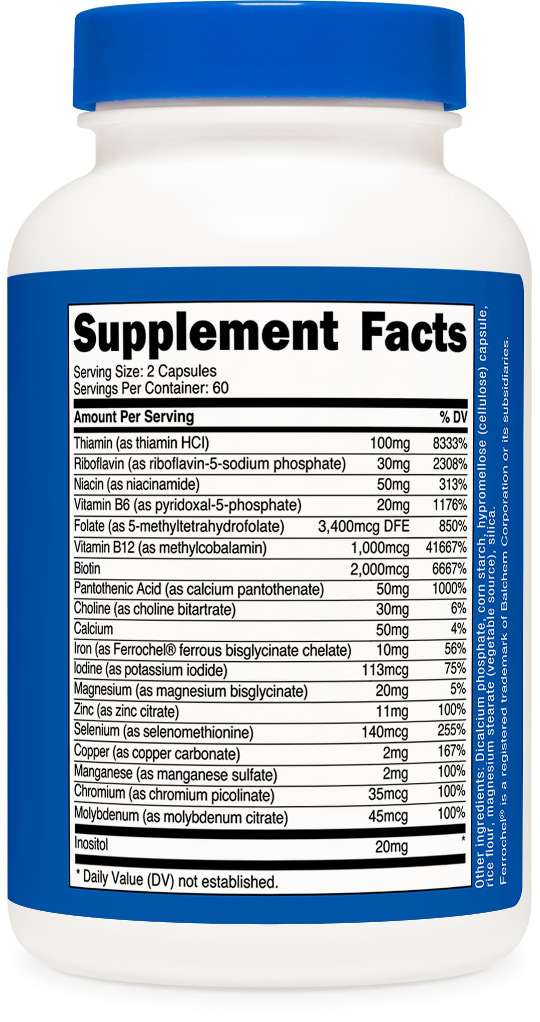 Zinc, iron, magnesium and iodine on Nutricost Vitamin B Complex label