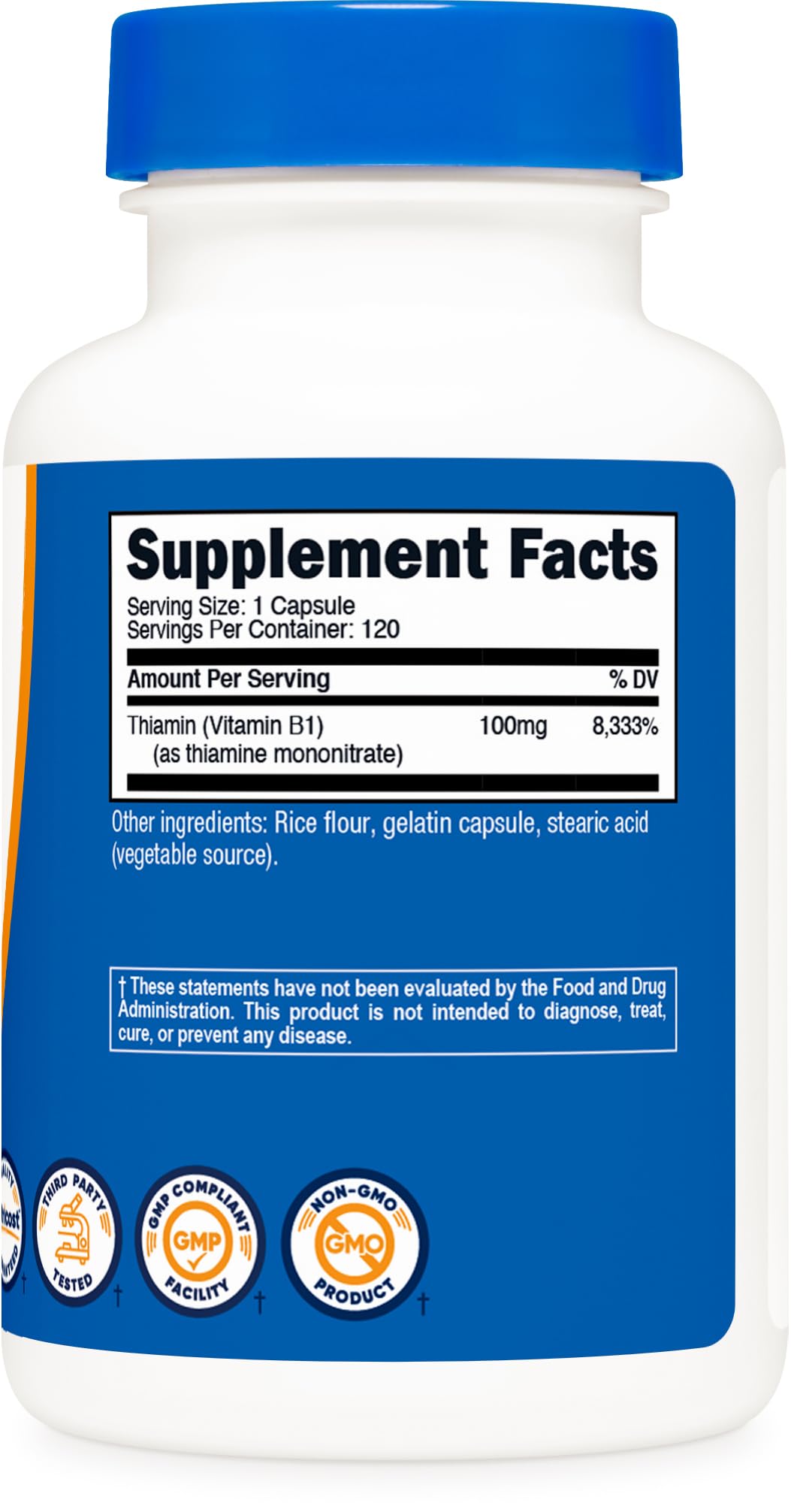 Gluten Free and Non-GMO badges on Nutricost B1 label