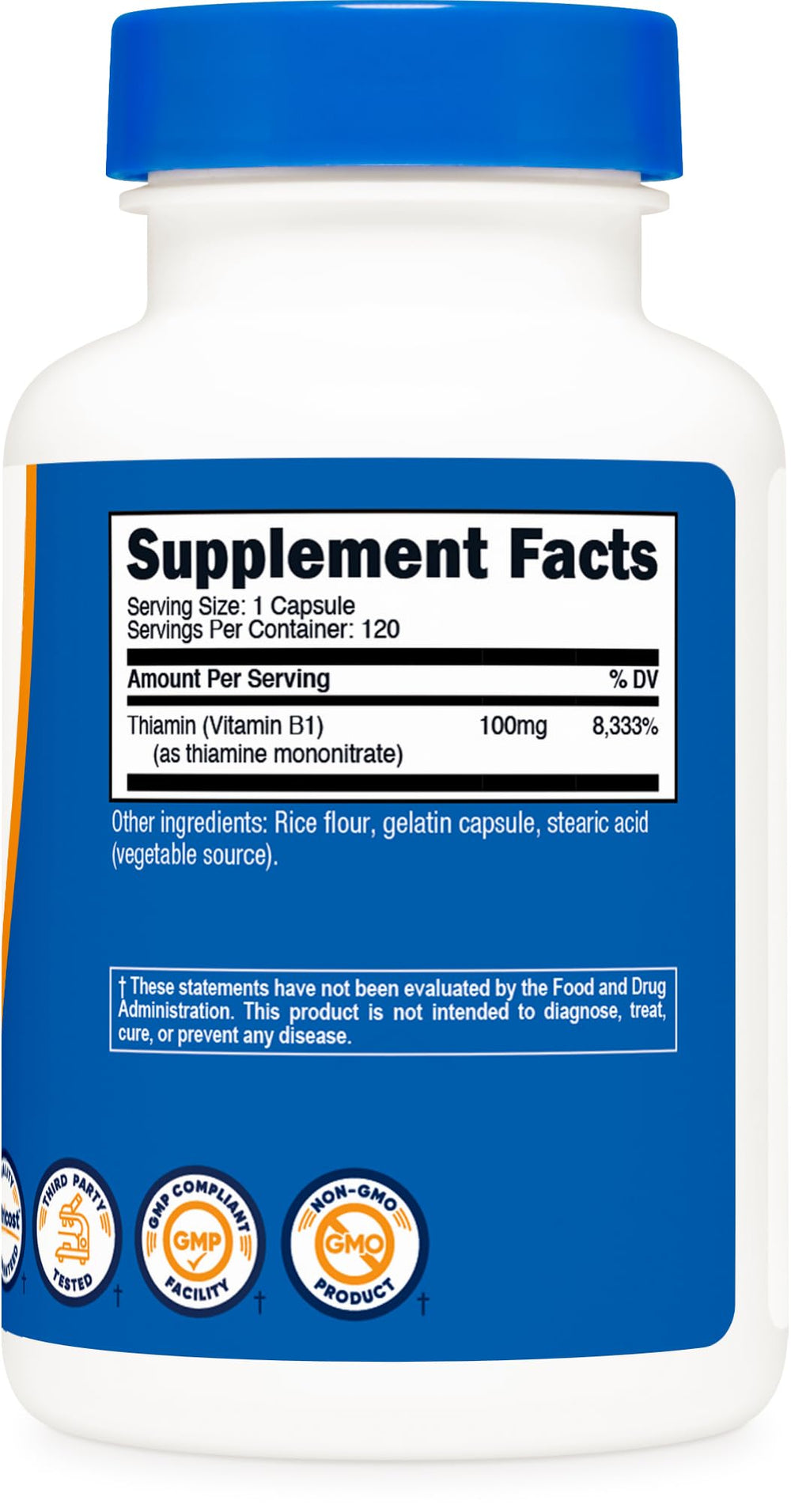 Gluten Free and Non-GMO badges on Nutricost B1 label