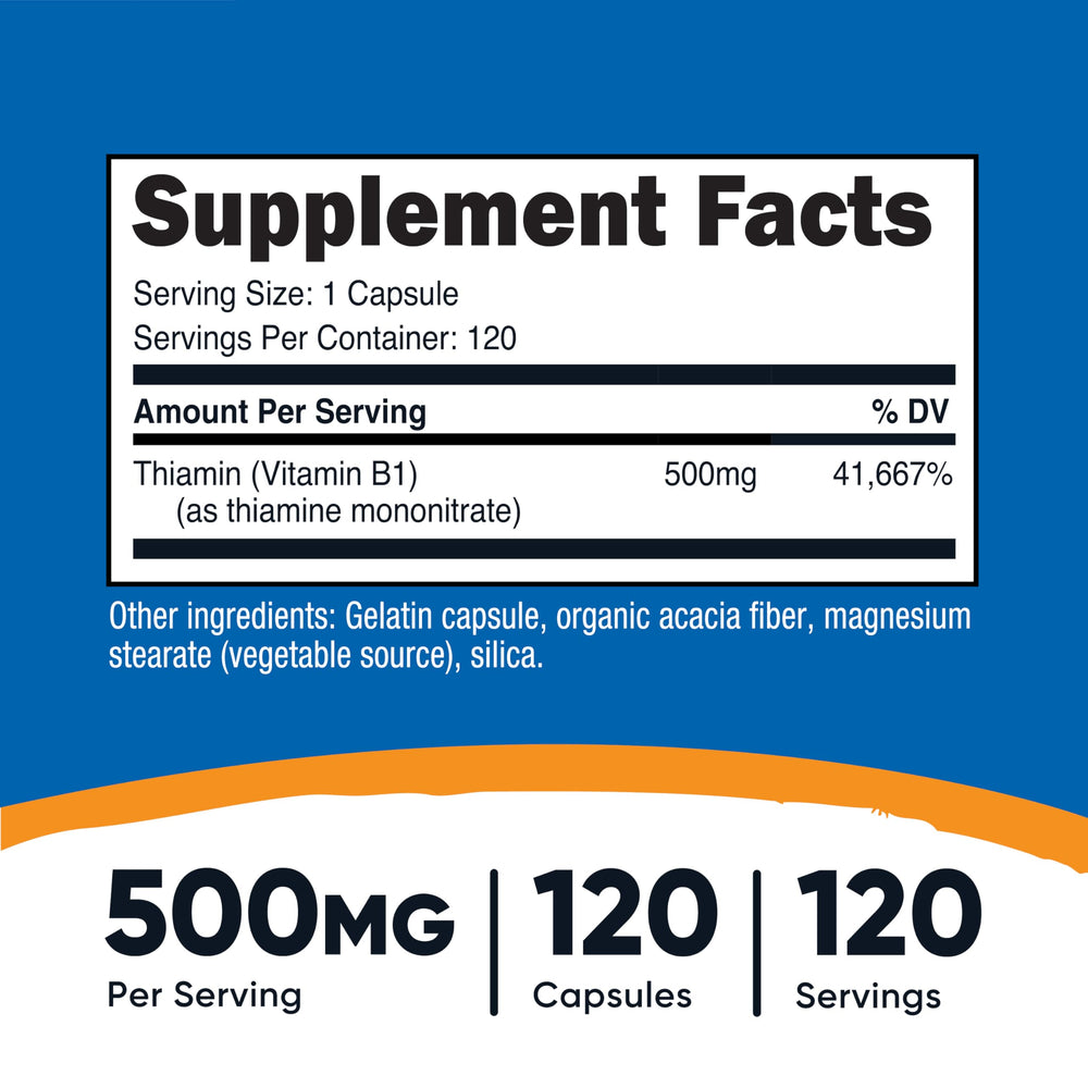 Close-up of Vitamin B1 (Thiamine) 500mg capsule