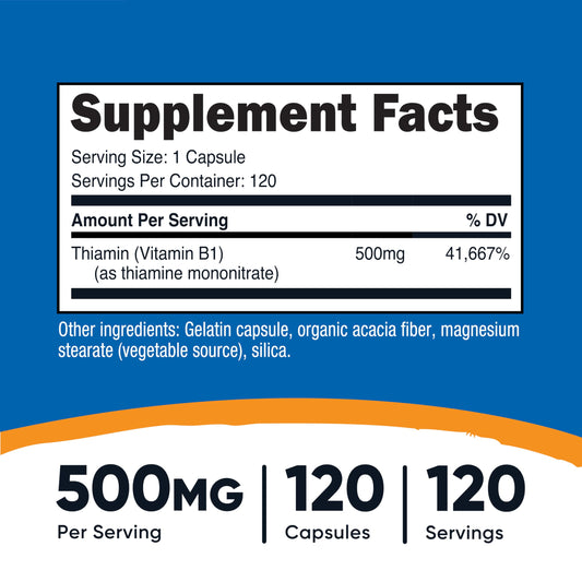 Close-up of Vitamin B1 (Thiamine) 500mg capsule