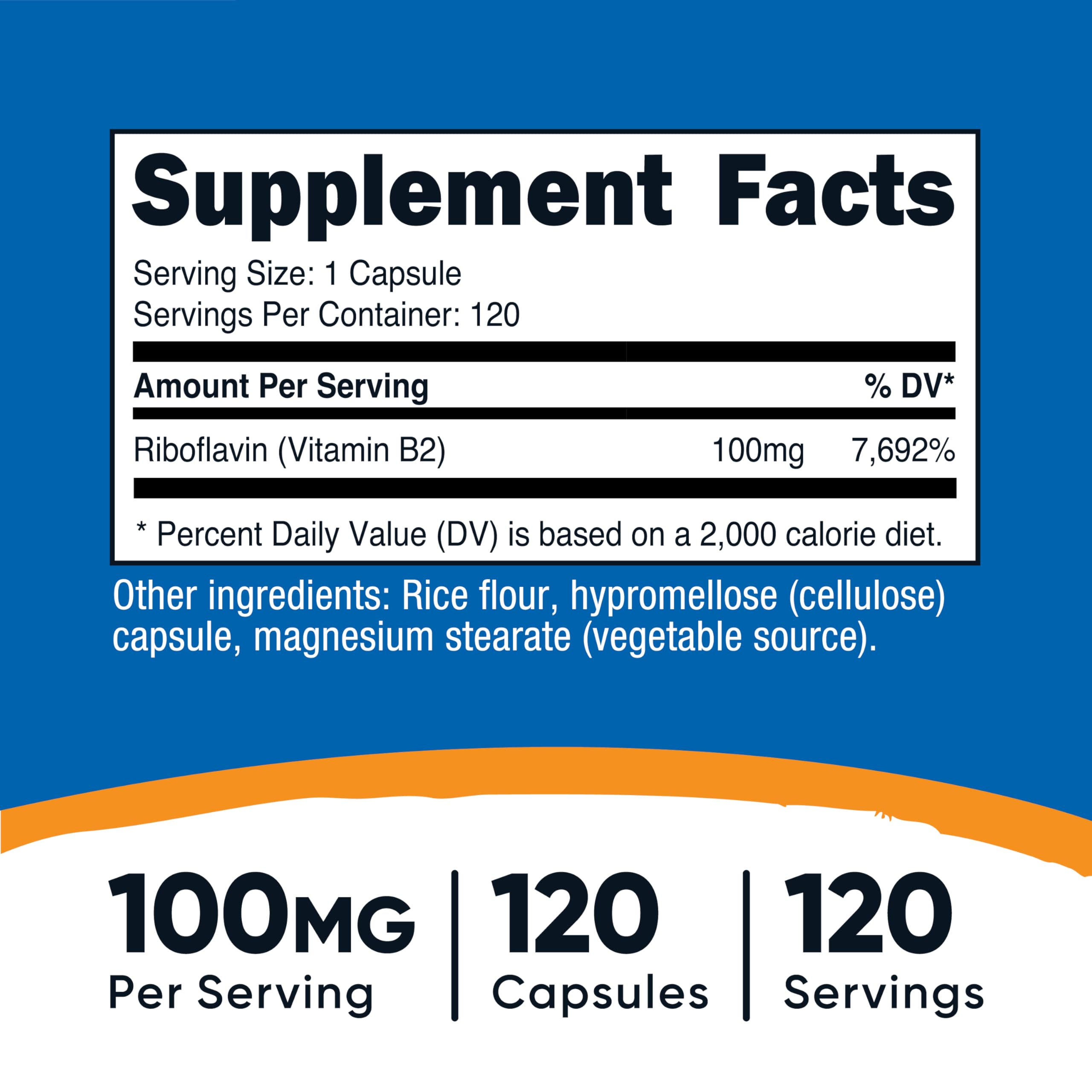 Nutricost Vitamin B2 Riboflavin 100mg bottle label with Gluten Free and Non-GMO