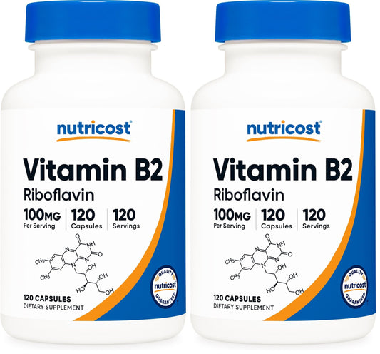 Nutricost Vitamin B2 Riboflavin 100mg bottle front view (Pack of 2)