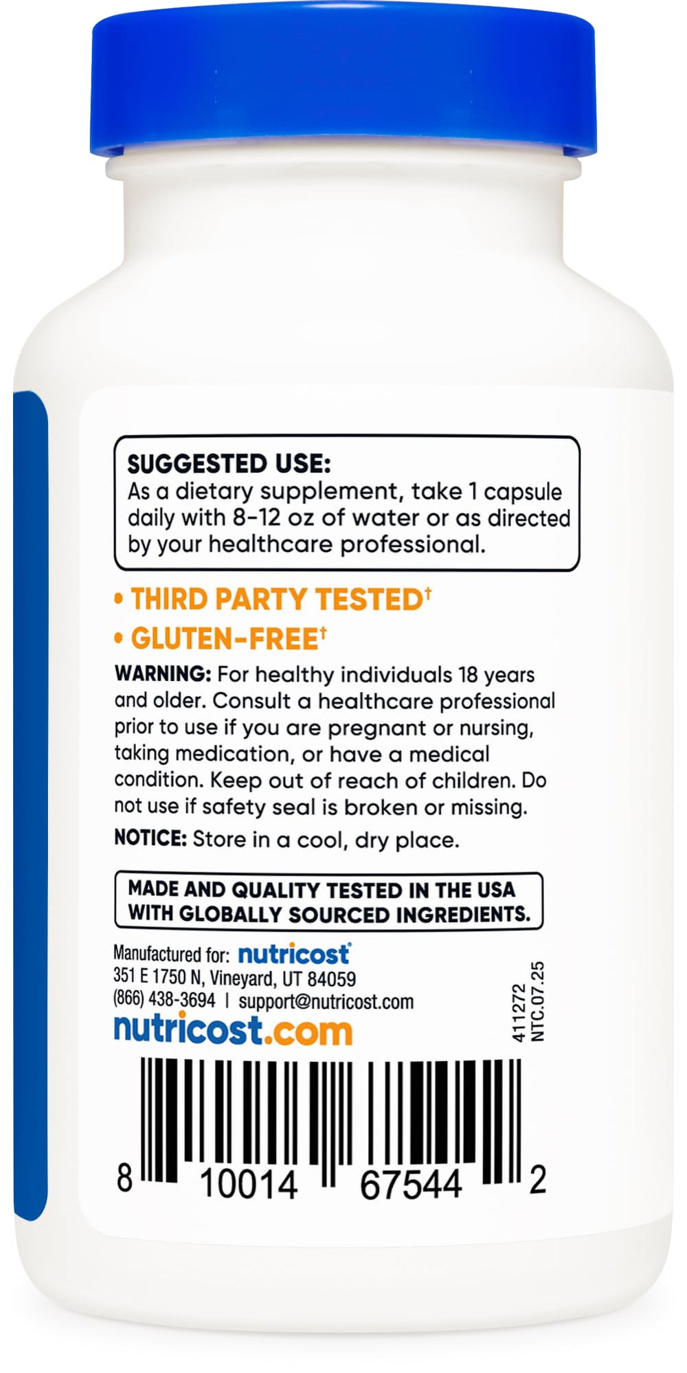 Gluten Free and Non-GMO badges on Nutricost packaging