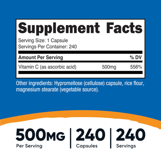 Close-up of Nutricost Vitamin C 500mg bottle label