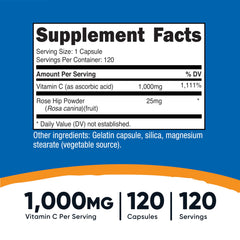 Bottle label showing Vitamin C 1000mg and Rose Hips 25mg