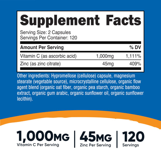 Close-up of Vitamin C with Zinc label showing 1000mg Vitamin C, 45mg Zinc