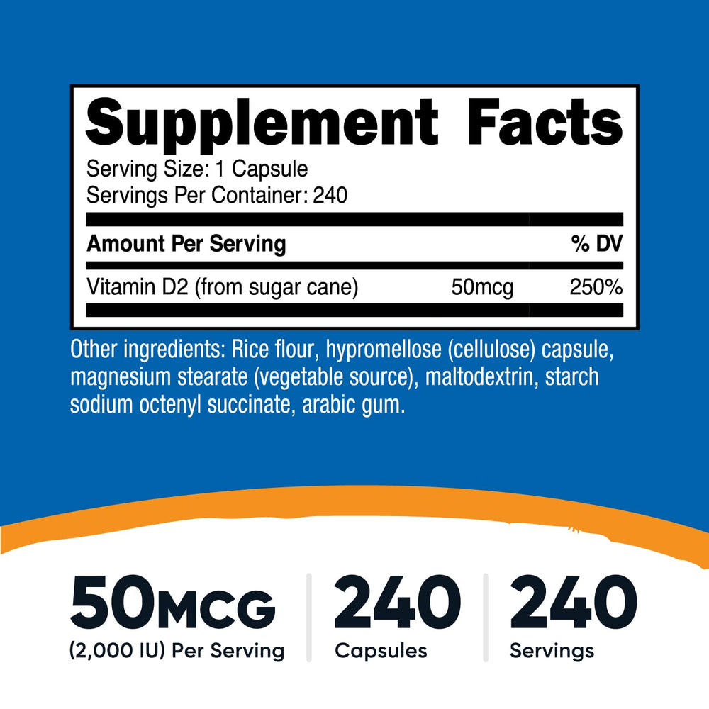 Close-up of Nutricost Vitamin D2 capsules