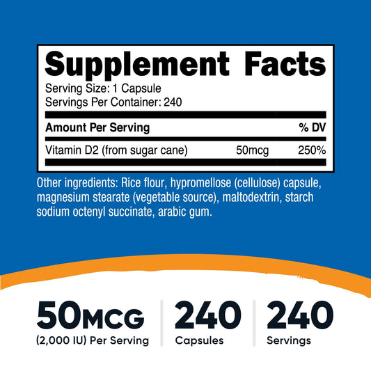 Close-up of Nutricost Vitamin D2 capsules