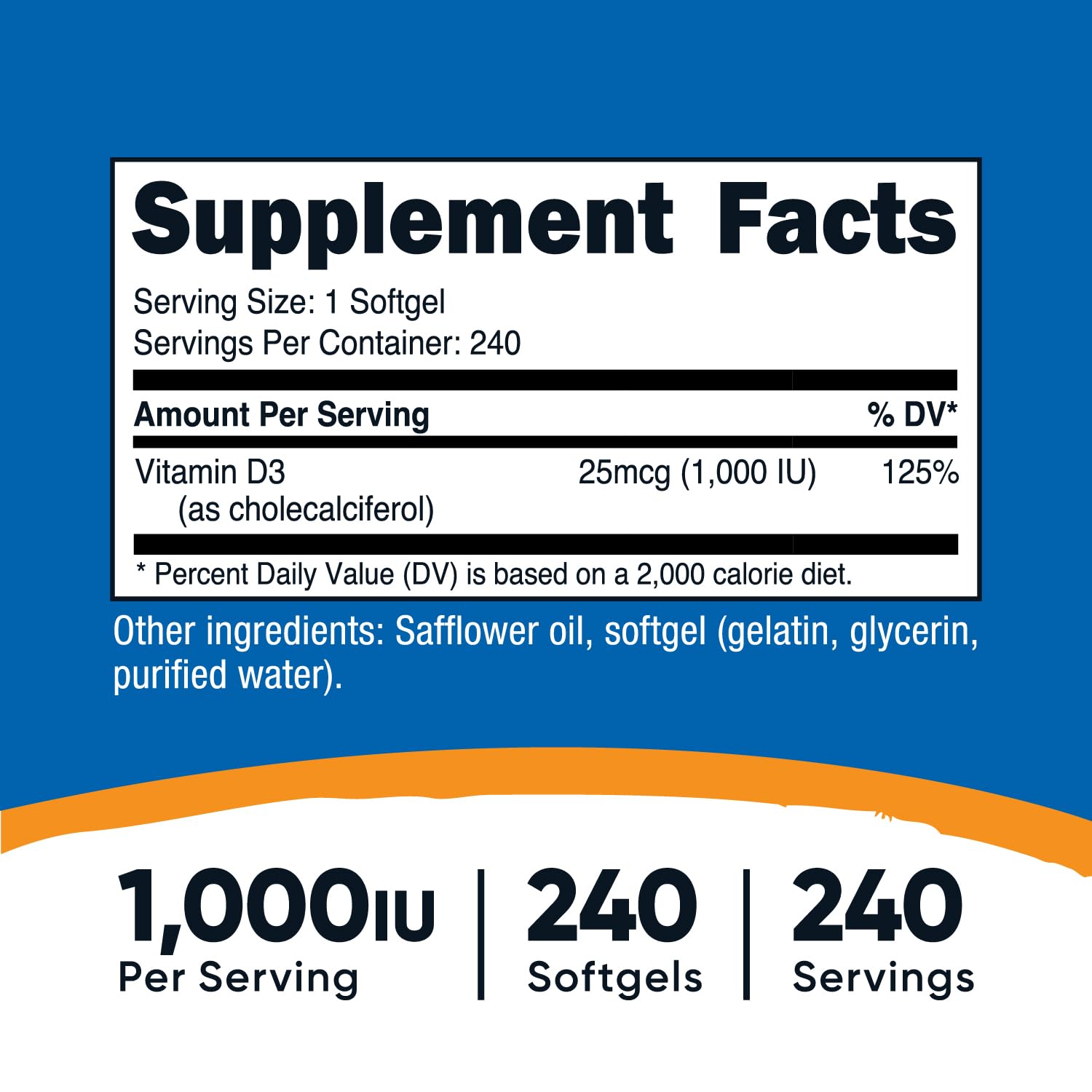 Bottle of Nutricost Vitamin D3 1000 IU softgels