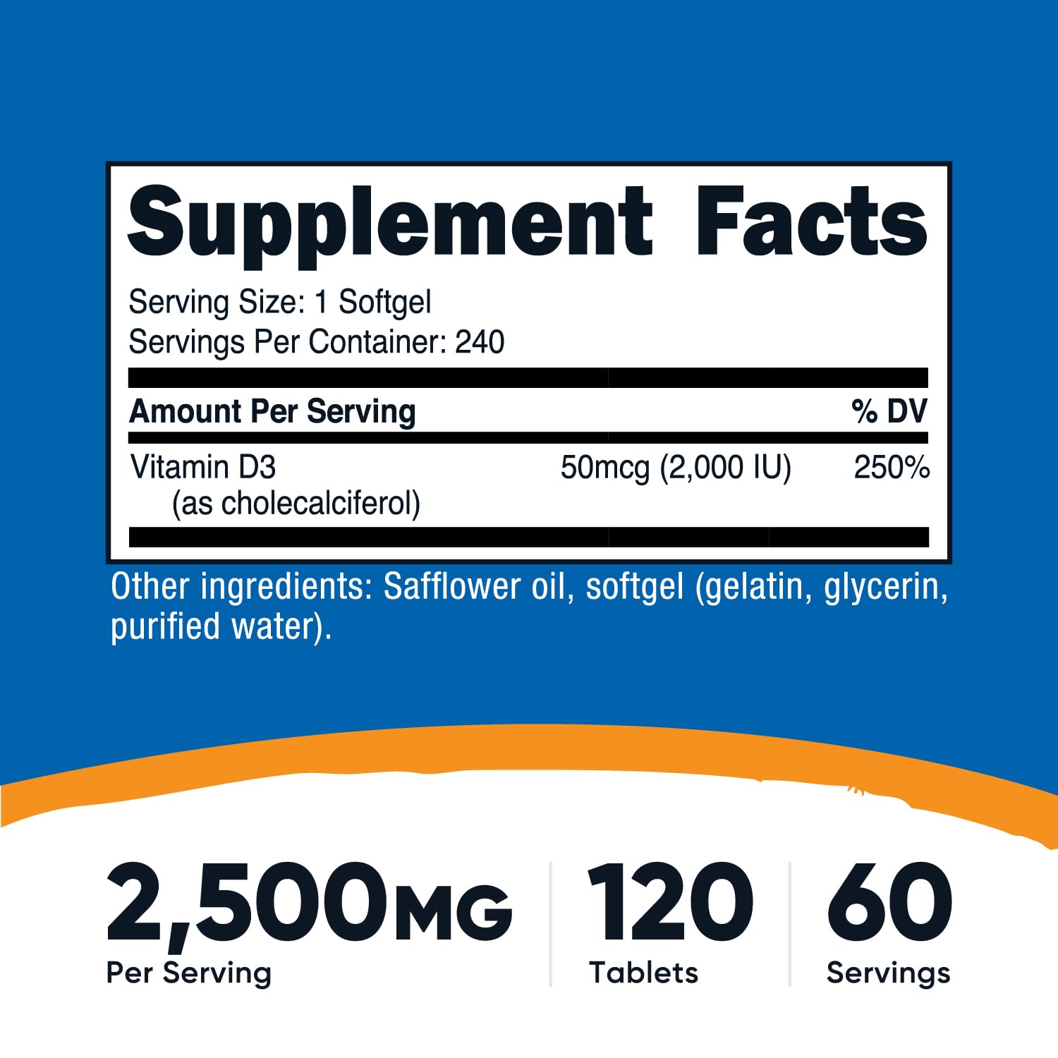 Close-up of Nutricost Vitamin D3 2000 IU softgel capsule