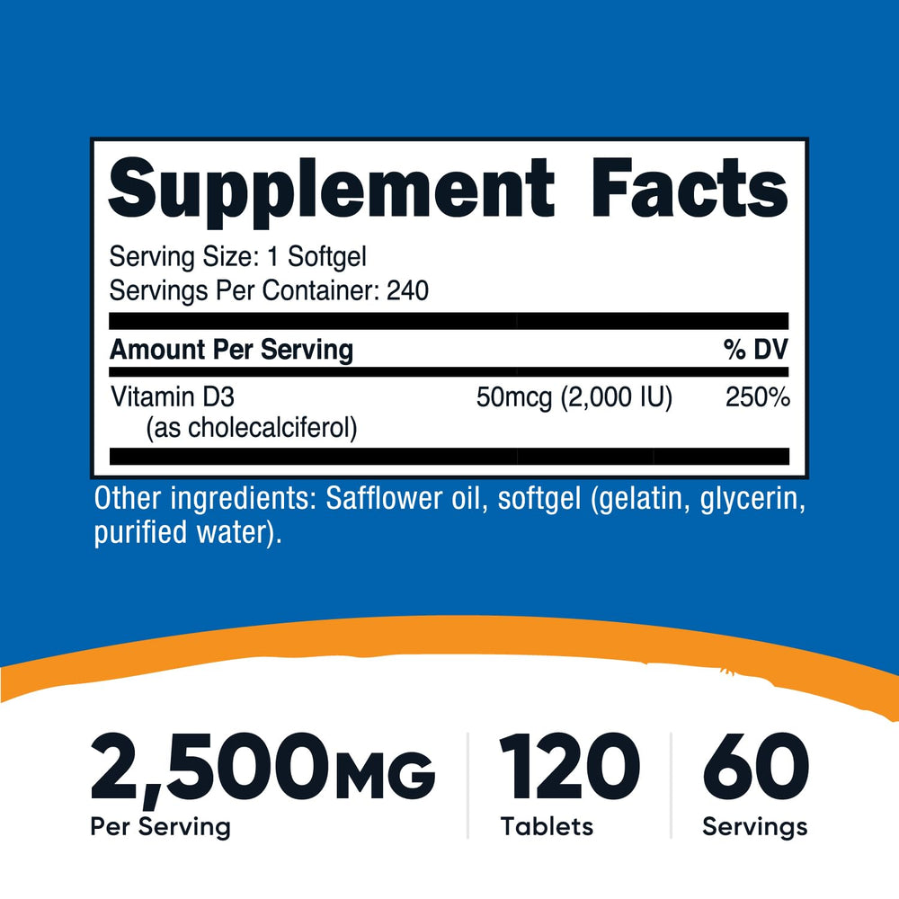 Label of Nutricost Vitamin D3 2000 IU softgels showing 240 count
