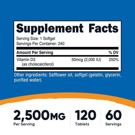 Label of Nutricost Vitamin D3 2000 IU softgels showing 240 count