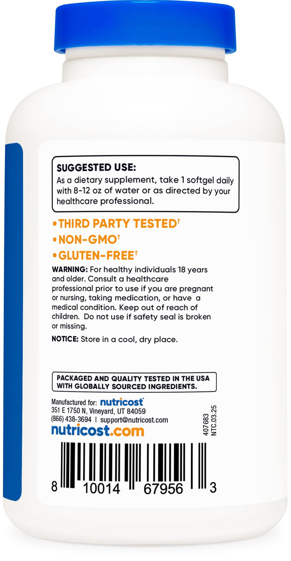 Vitamin E 400 IU ingredients showing Gluten Free and Non-GMO
