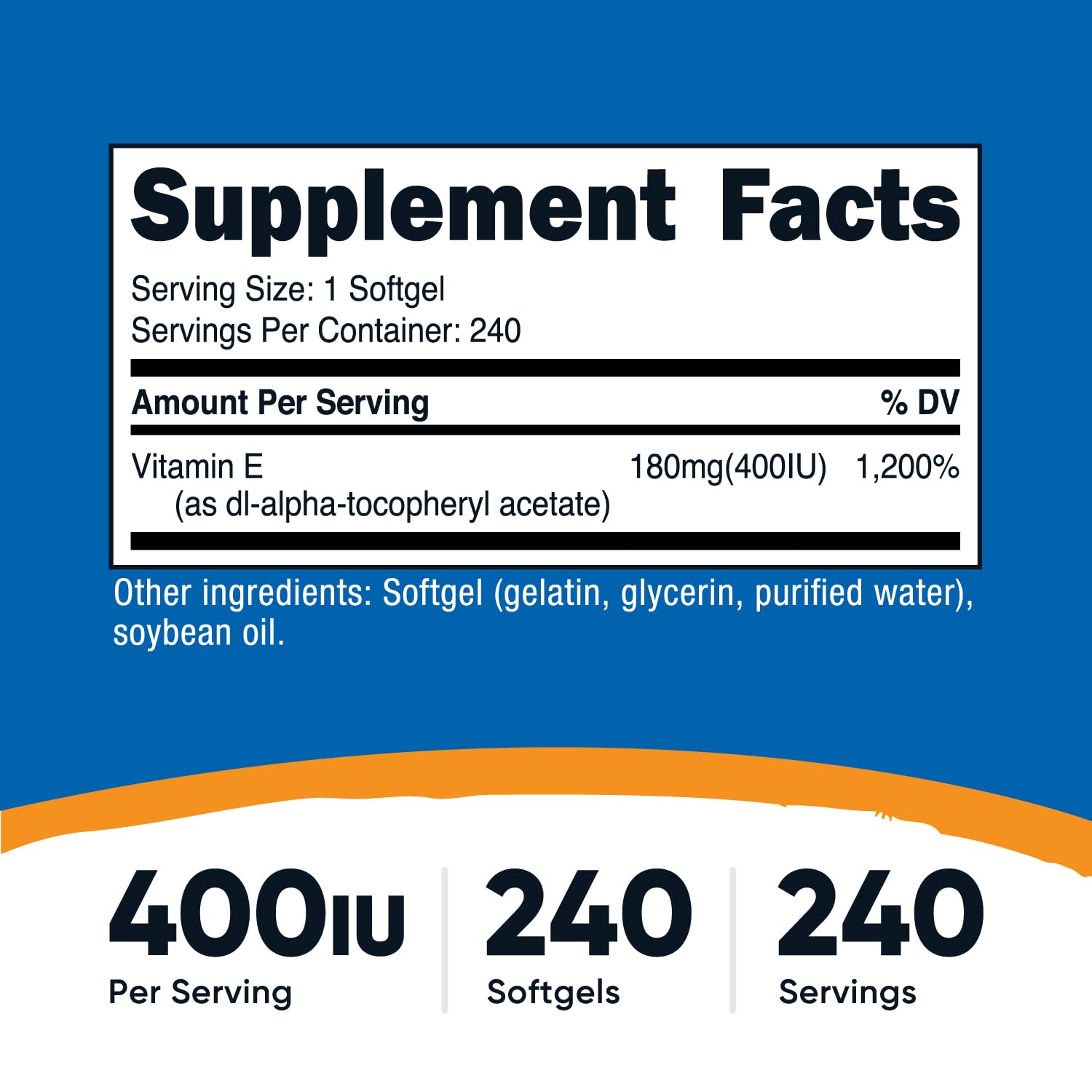 Close-up of Nutricost Vitamin E 400 IU softgel capsules in bottle