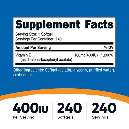 Close-up of Nutricost Vitamin E 400 IU softgel capsules in bottle