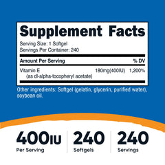 Close-up of Nutricost Vitamin E 400 IU softgel capsules in bottle