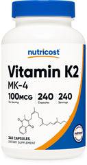 Bottle of Nutricost Vitamin K2 MK-4 240 capsules (100 mcg per serving)