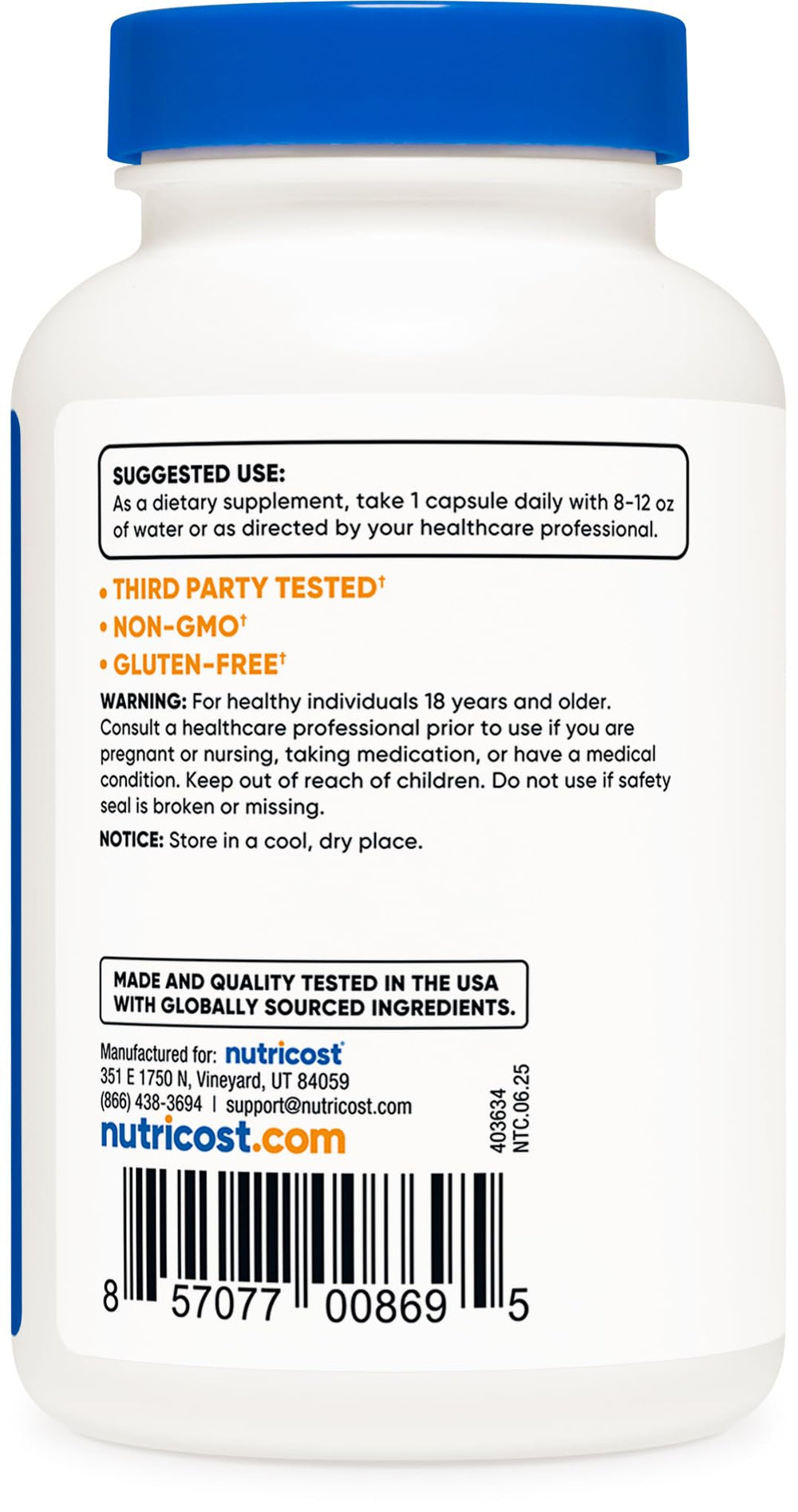 Gluten-free and non-GMO indicators on Nutricost bottle