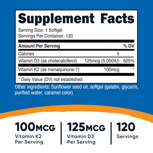 Nutrition facts panel for Vitamin K2 MK7 and Vitamin D3