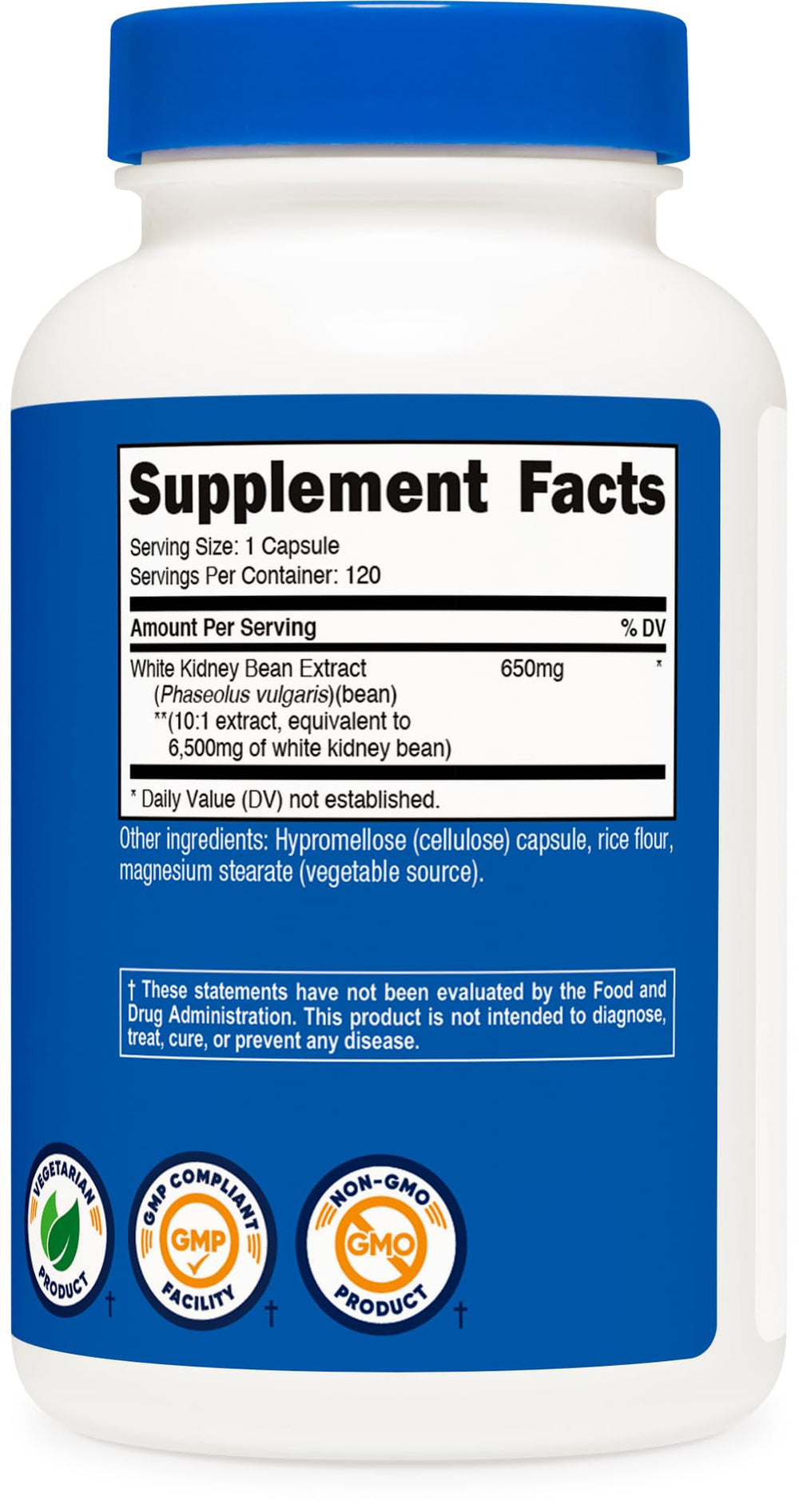 Gluten-free and non-GMO Nutricost White Kidney Beans Capsules on a white background