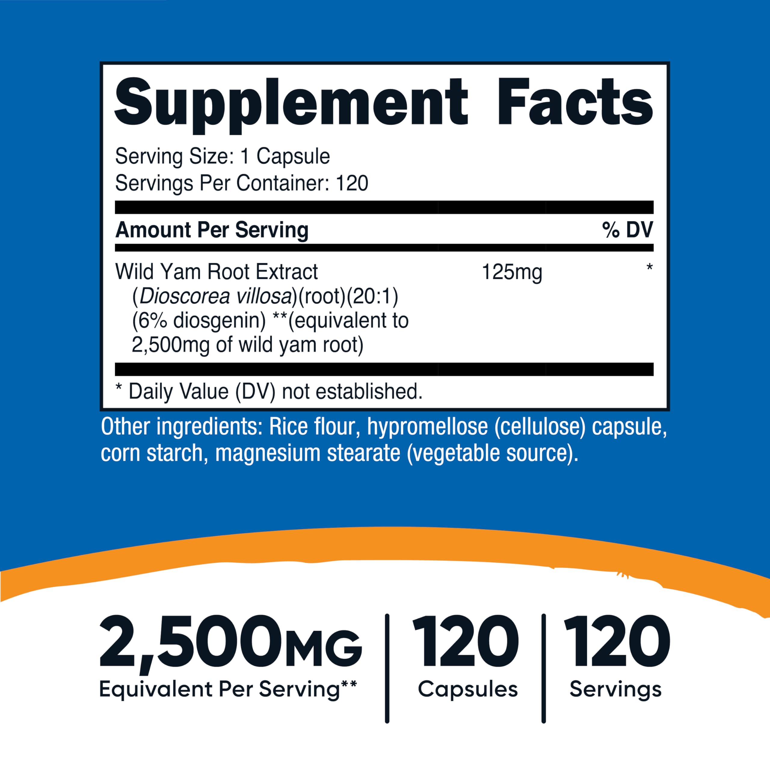 Supplement facts label for Wild Yam Root 2,500mg equivalent