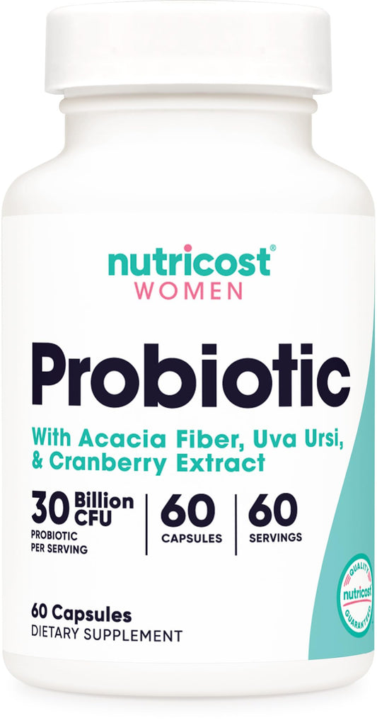 Front view of Nutricost Women Probiotic bottle and capsules