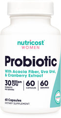 Front view of Nutricost Women Probiotic bottle and capsules