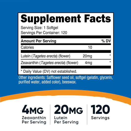 Front view of Nutricost Zeaxanthin with Lutein bottle showing 120 softgels per bottle, Pack of 2